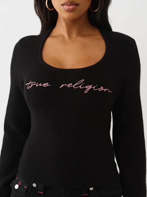 True Religion Women's Logo Ribbed Square Neck Sweater In Black