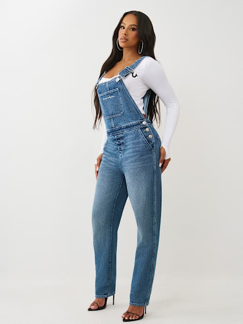 True Religion Women's Straight Leg Denim Overall In Blue