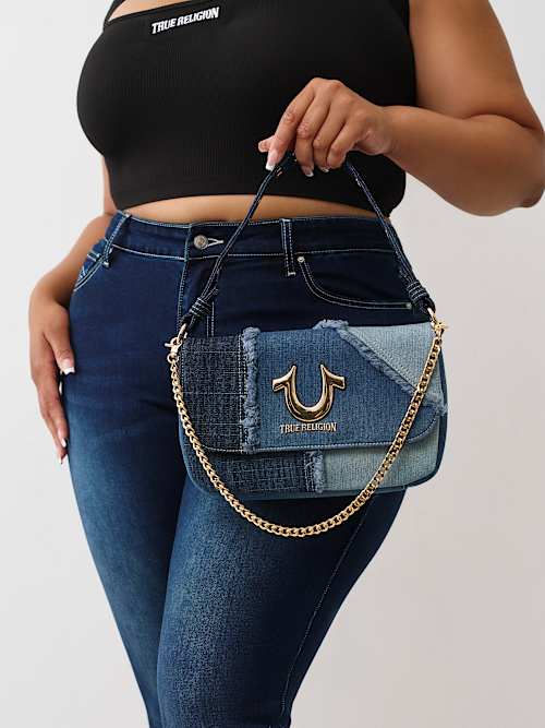 True Religion Patched Denim Chain Handle Bag In Blue