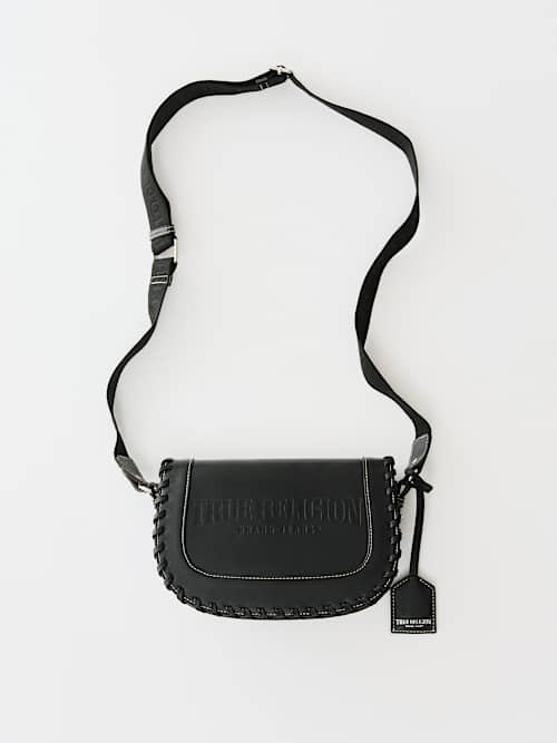 True Religion Logo Whip Stitch Saddle Bag In Black
