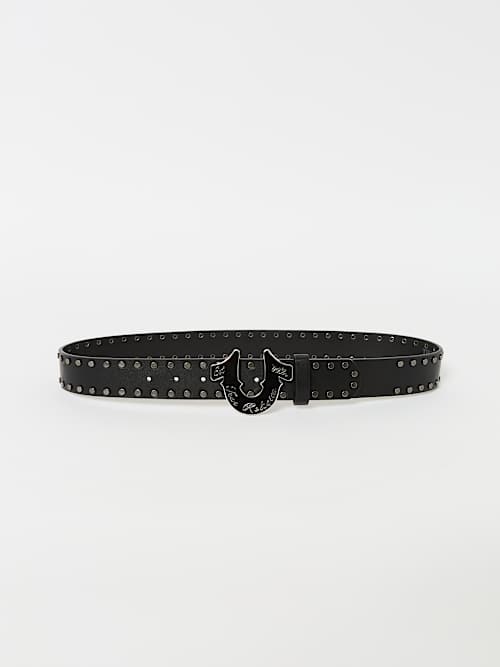 True Religion Studded Script Horseshoe Buckle Belt In Black