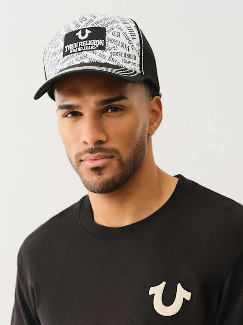True Religion Allover Logo Trucker Hat