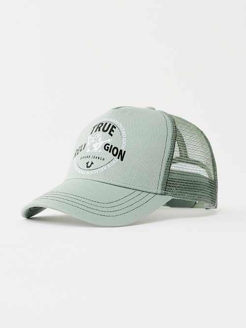 True Religion Metallic Buddha Logo Trucker Hat In Gray