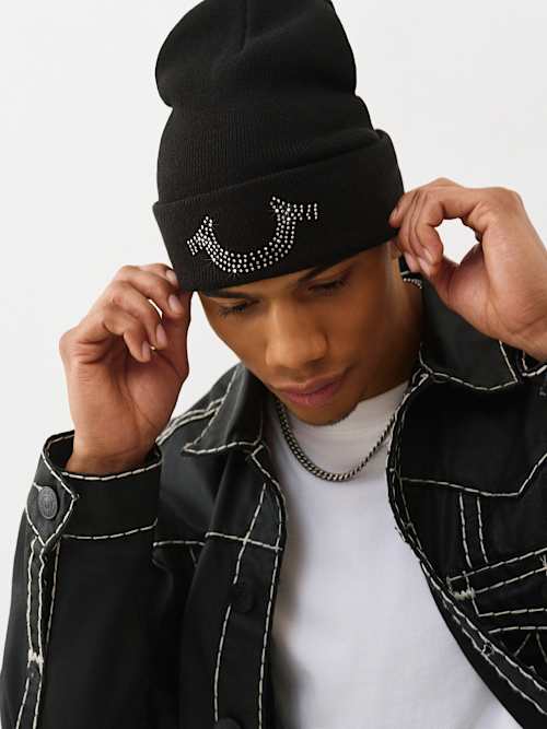 True Religion Crystal Horseshoe Beanie In Black