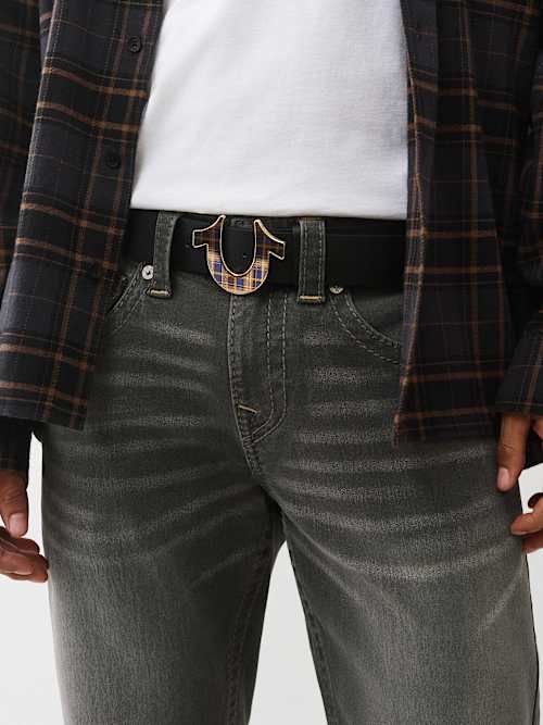 True Religion Plaid Horseshoe Belt In Black