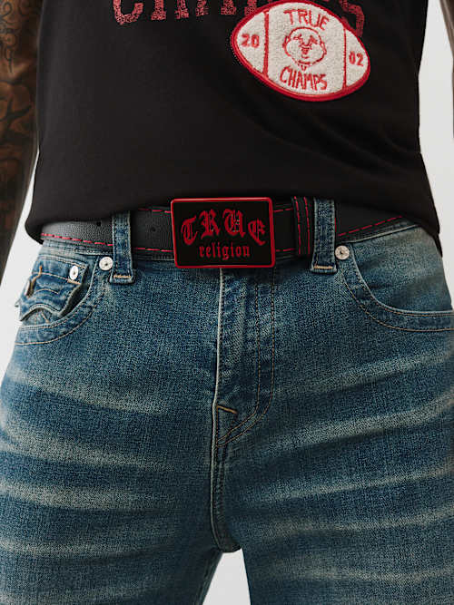 True Religion Old English Logo Buckle Belt In Black