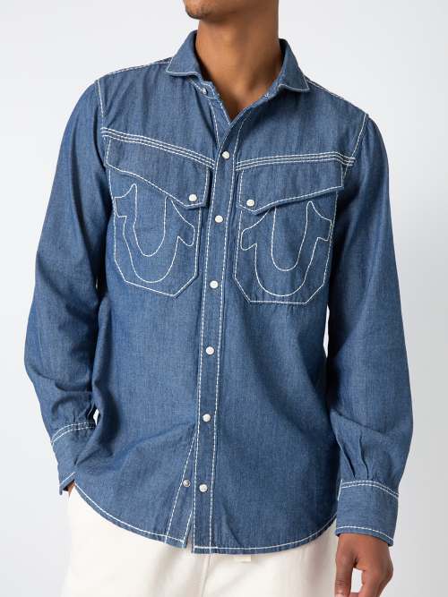 True Religion Western Dark Wash Denim Pearl Snap Button Up Shirt - Tops &  blouses