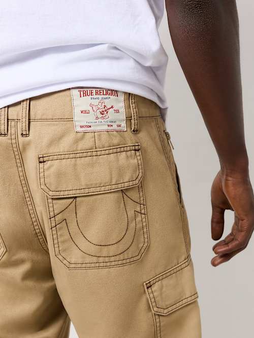 True Religion Mens popular Size 36 Khaki Cargo Shorts Drawstring Ties Button Zip Pockets