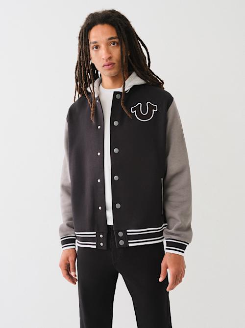FLEECE HOODED VARSITY JACKET