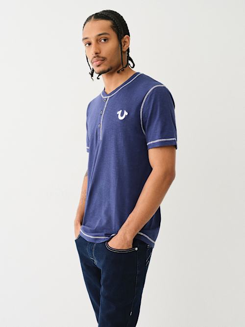 CONTRAST STITCH SLUB HENLEY TEE