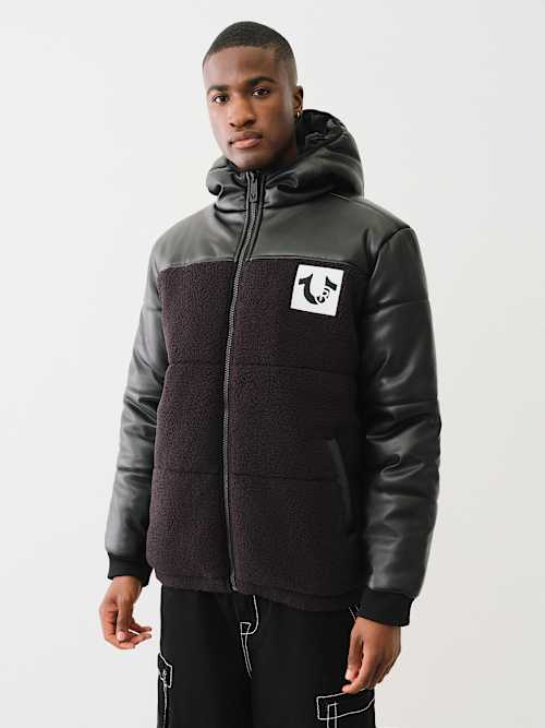 SHERPA FAUX LEATHER PUFFER JACKET