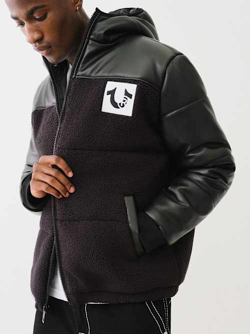 SHERPA FAUX LEATHER PUFFER JACKET