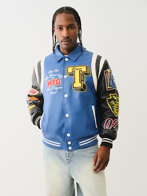 FAUX LEATHER PATCH EMBROIDERY VARSITY JACKET