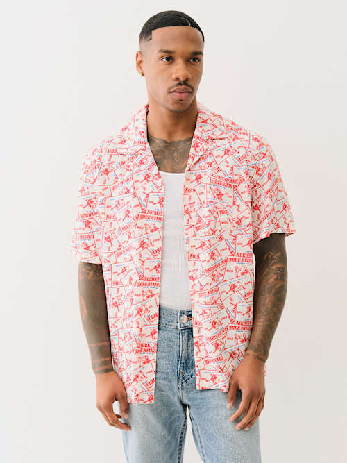 ALLOVER BUDDHA PRINT CAMP COLLAR SHIRT