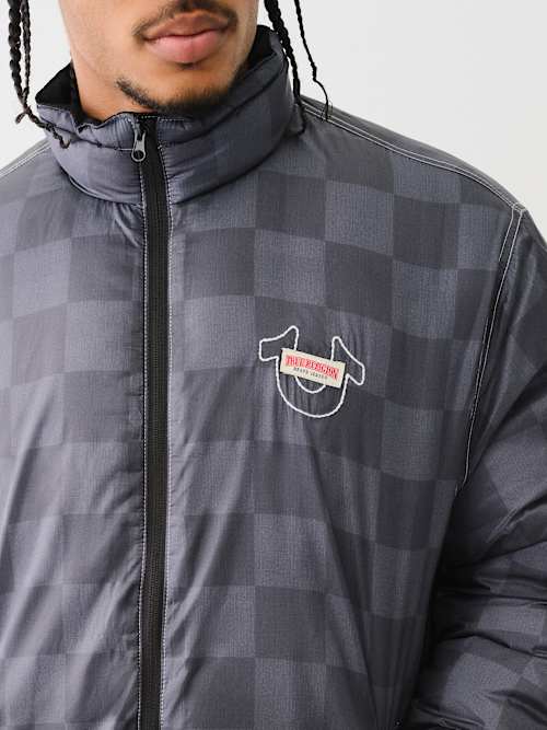 EMBROIDERED CHECKERED PUFFER JACKET
