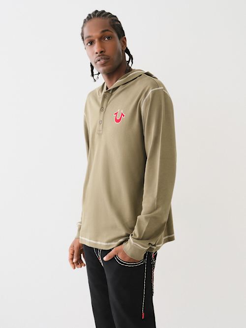 FLOCKED LOGO HOODED HENLEY TEE