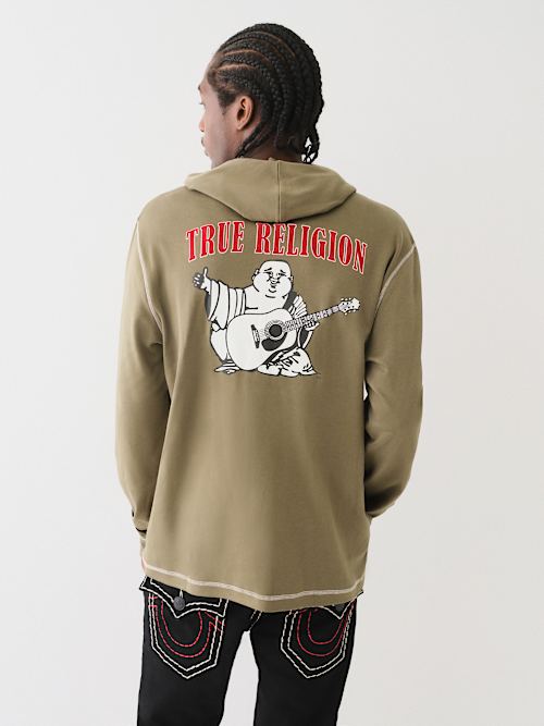 FLOCKED LOGO HOODED HENLEY TEE