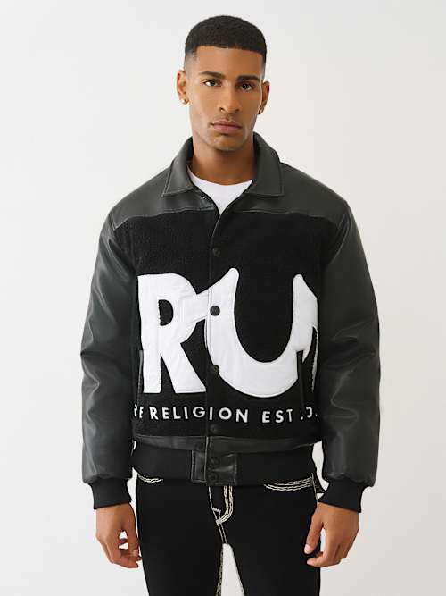 КУРТКА-БОМБЕР SHERPA ИЗ ИСКУССТВЕННОЙ КОЖИ С ЛОГОТИПОМ