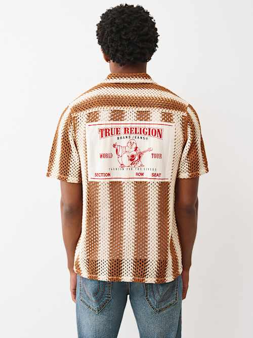 STRIPED CROCHET CAMP COLLAR SHIRT