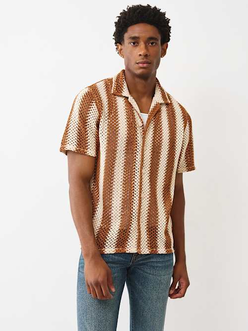 STRIPED CROCHET CAMP COLLAR SHIRT