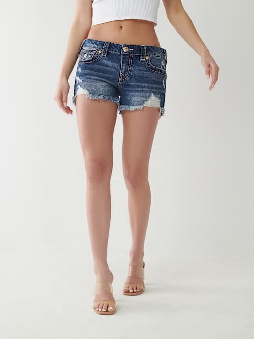 True Religion Joey Low Rise Distressed Denim Shorts