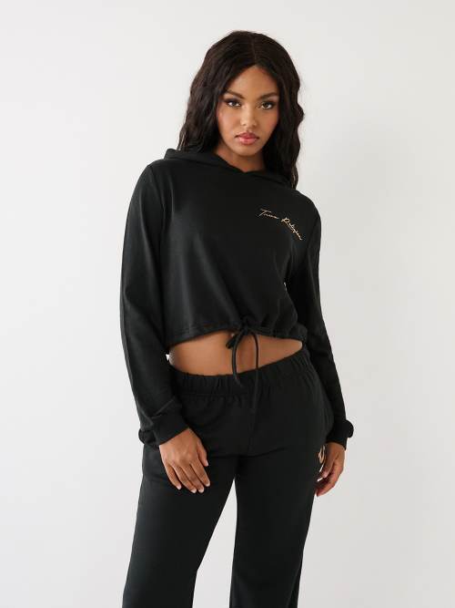 STUDDED OFF SHOULDER CROP HOODIE