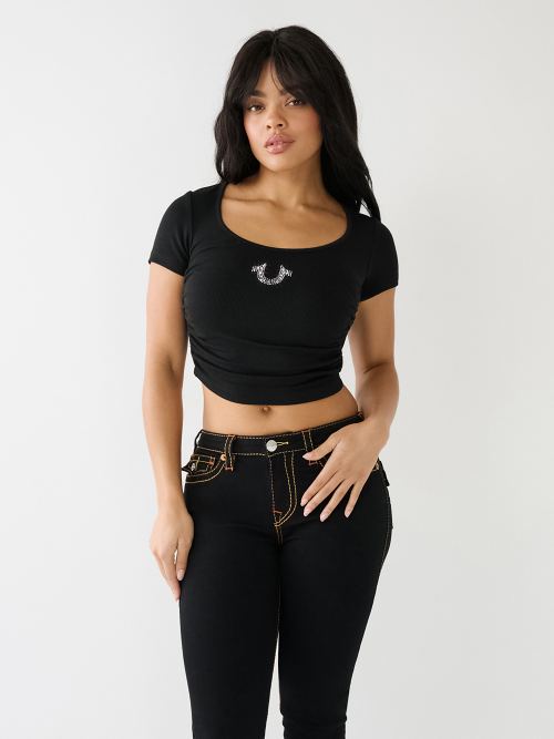 CRYSTAL HORSESHOE RUCHED CROP TEE