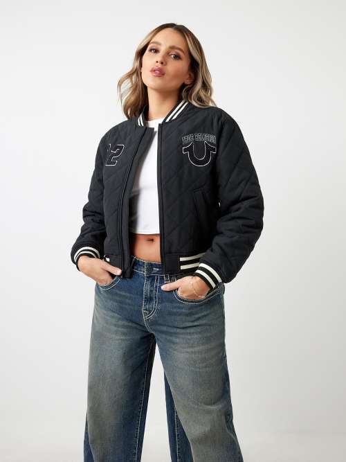 TRUE RELIGION ブラックジャケット 02 TR 02 Patch Quilted Varsity Jacket