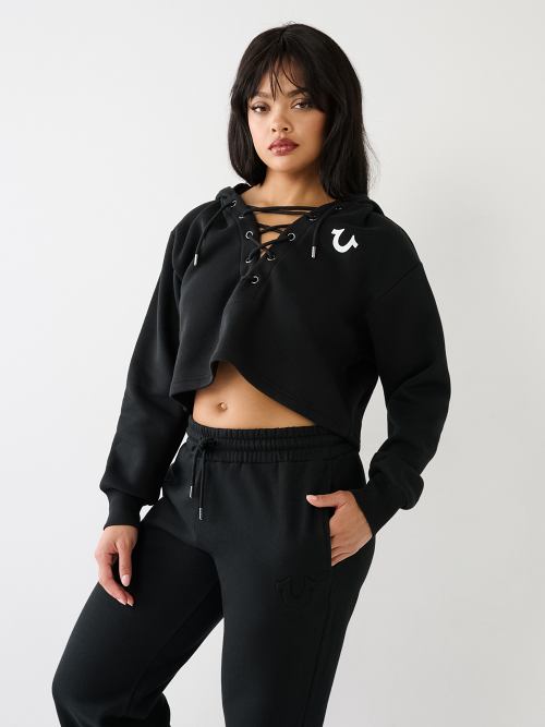 SHAKA WOMENS DROP SHOULDER CROPPED HOODIE IN BLACK – RIZNWILD