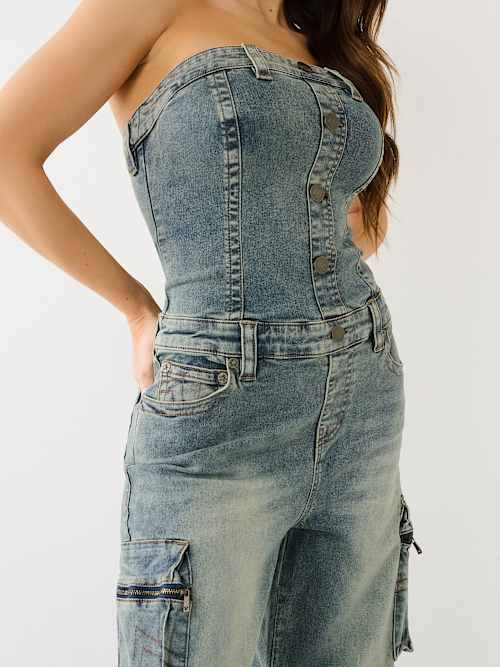 DENIM CARGO TUBE JUMPSUIT