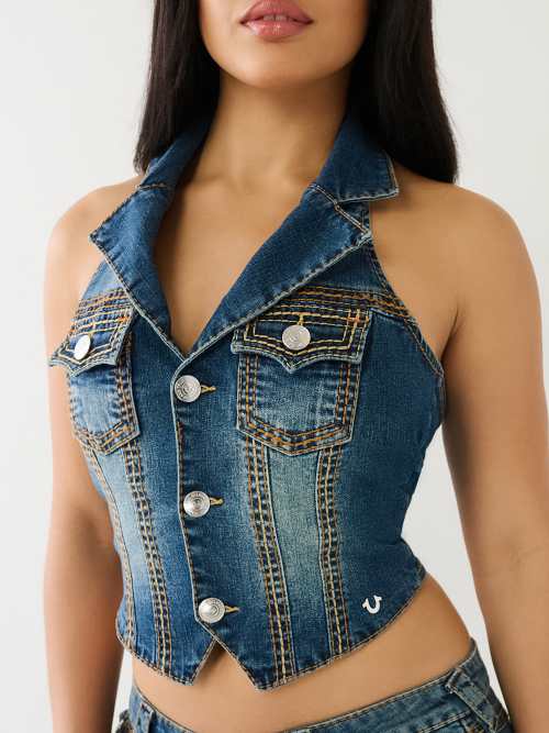 True Religion Crystal Lace Up Denim Bra Top in Blue