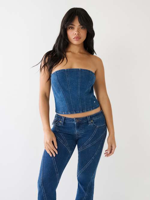 True Religion Crystal Lace Up Denim Bra Top in Blue