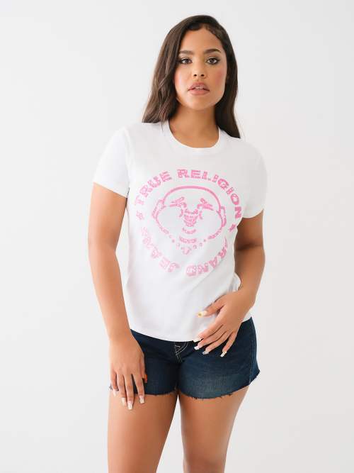pink and white true religion shirt