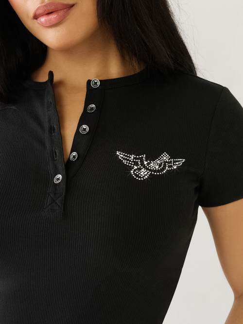 CAMISETA HENLEY ACANALADA CON HERRADURA Y ALAS EN CRISTALES