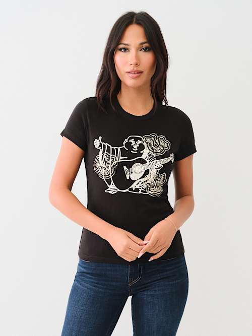 CAMISETA CON LOGOTIPO DE BUDDHA EN CRISTALES
