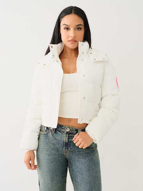 FAUX PATENT LEATHER HOODED PUFFER JACKET 