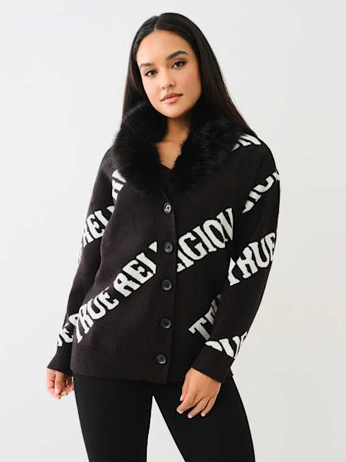 FUR TRIM LOGO CARDIGAN