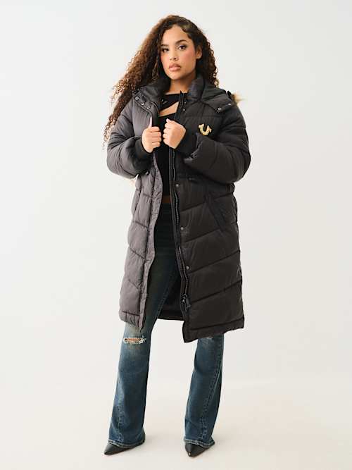 FUR TRIM HOODED LONGLINE PUFFER JACKET