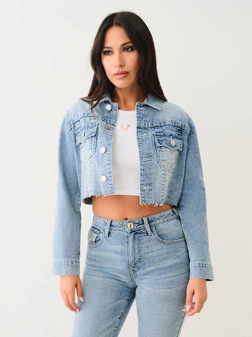 CRYSTAL FRINGE CROP DENIM JACKET