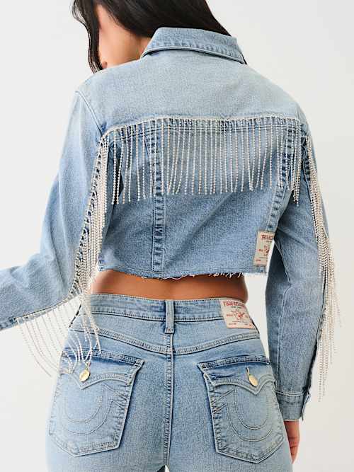 CRYSTAL FRINGE CROP DENIM JACKET