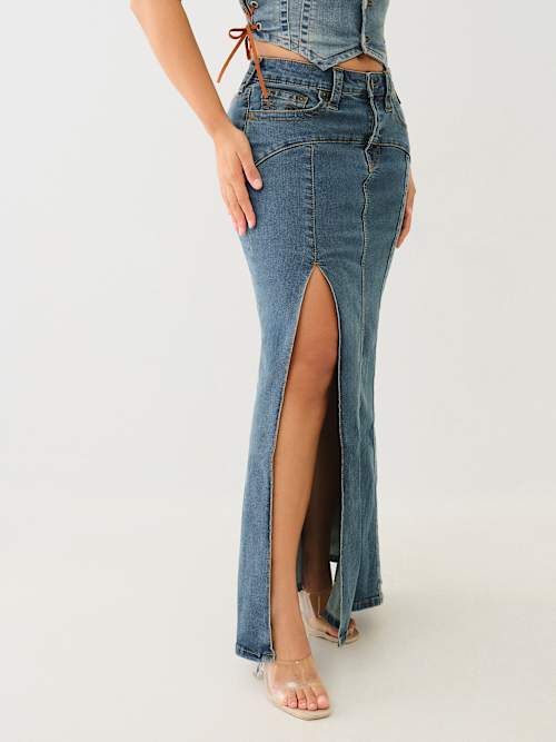 VINTAGE DENIM SLIT MAXI SKIRT