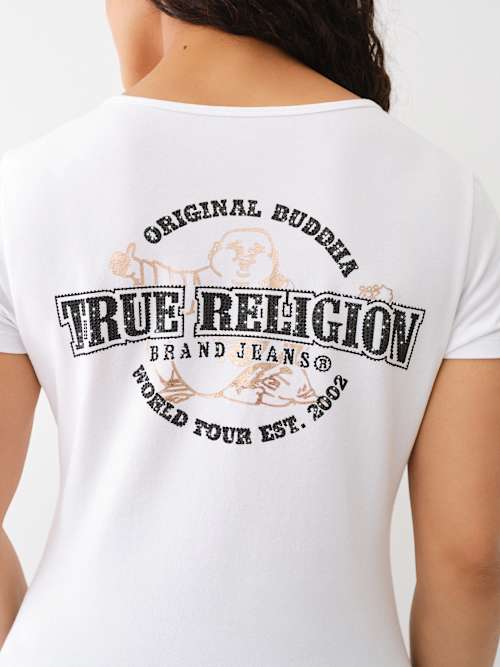 ФУТБОЛКА С ВЫРЕЗОМ И ПРИНТОМ БУДДЫ С ЭФФЕКТОМ МЕТАЛЛИК