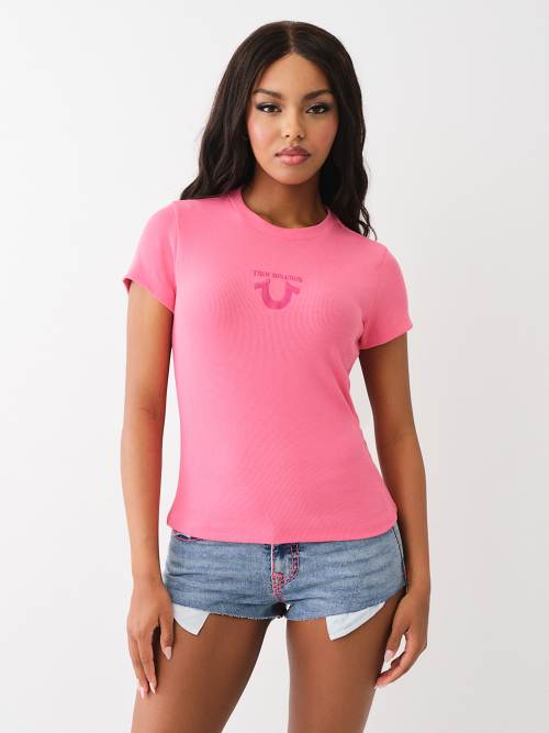 pink and white true religion shirt