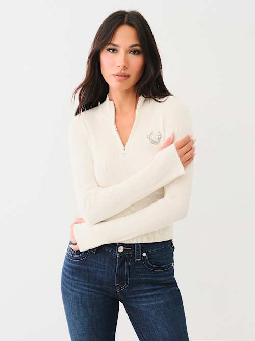 RIB KNIT QUARTER-ZIP MOCK NECK SWEATER