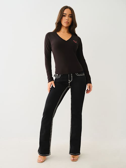 CRYSTAL LOGO LONG SLEEVE V NECK TEE