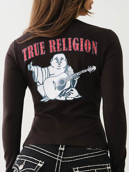 CRYSTAL LOGO LONG SLEEVE V NECK TEE