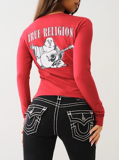 CAMISETA MANGA LARGA CON CUELLO EN V Y LOGOTIPO DE CRISTAL
