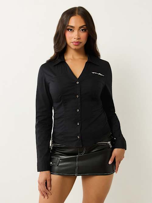 POPLIN EMBROIDERED LOGO V NECK SHIRT