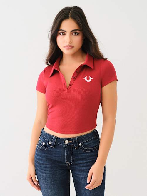 УКОРОЧЕННОЕ ПОЛО В РУБЧИК С ВЫШИВКОЙ