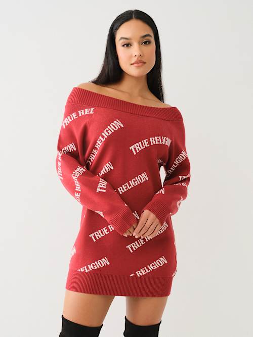 OFF-THE-SHOULDER LOGO SWEATER DRESS